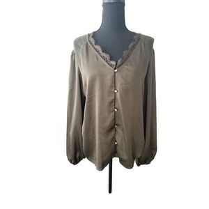 AUW Olive Green Lace Trim Satin V-Neck Blouse‎ Rhinestone Button Top XL